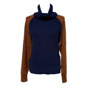COS Turtleneck Sweater Colorblock Navy Blue Brown Waffle‎ knit Cotton Wool Small